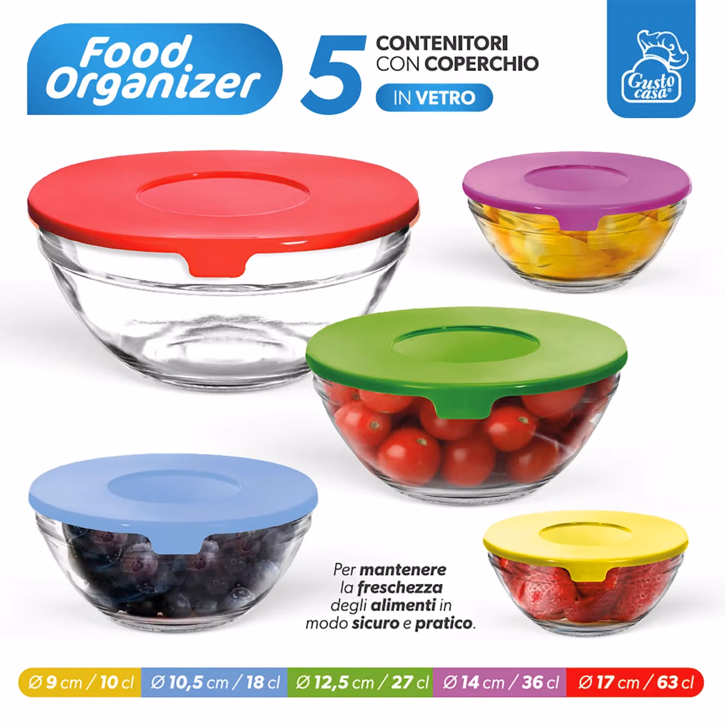 GUSTO CASA - Set 5 Contenitori Food Organizer in Vetro con Coperchio Colorato Multicolore, Impilabili e Salvaspazio – 3