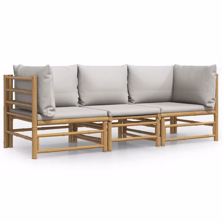 Set Salotto da Giardino 3pz con Cuscini Grigio Chiaro Bambù