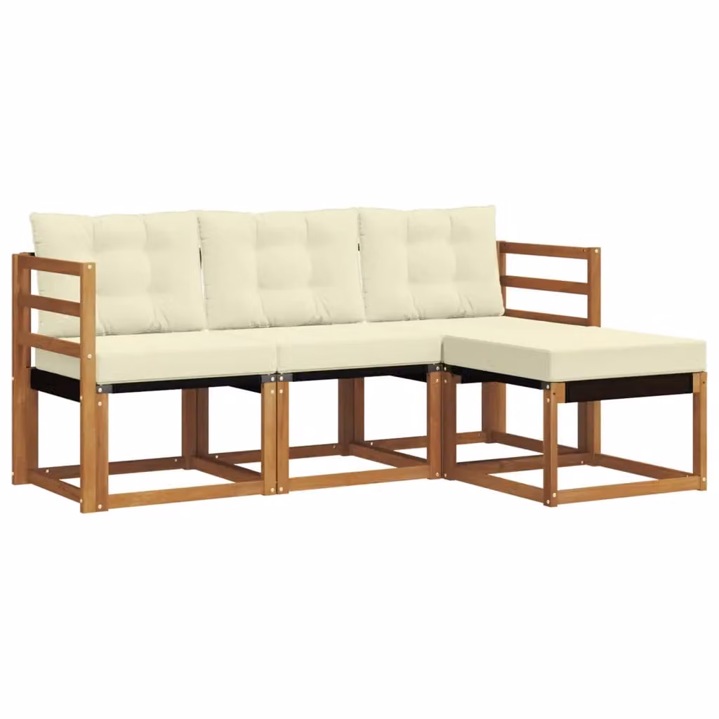 Set di divani da esterno a L vidaXL in legno di acacia con pouf e cuscini, beige e bianco – 2