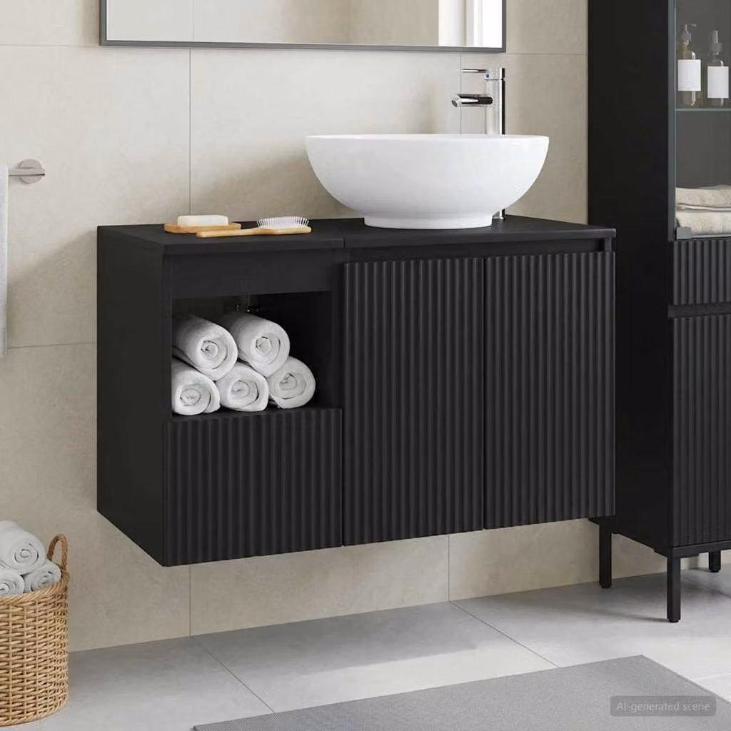 Set di mobili da bagno moderno vidaXL composto da base lavabo e pensile nero opaco in legno ingegnerizzato