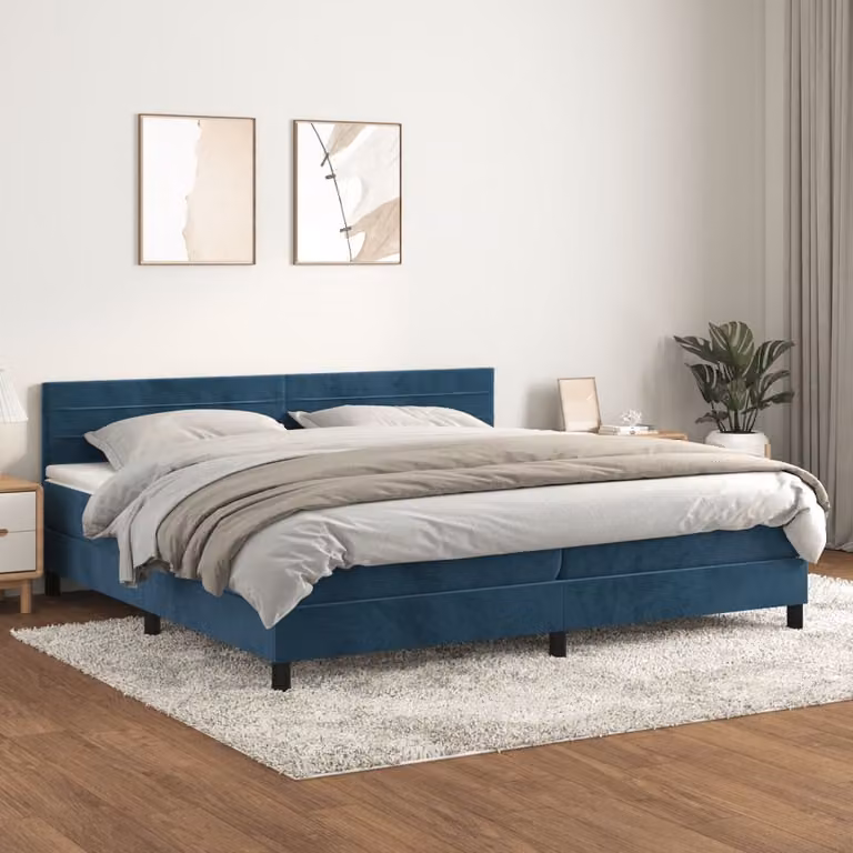 The Living Store Letto a molle con materasso blu scuro 200x200 cm in velluto