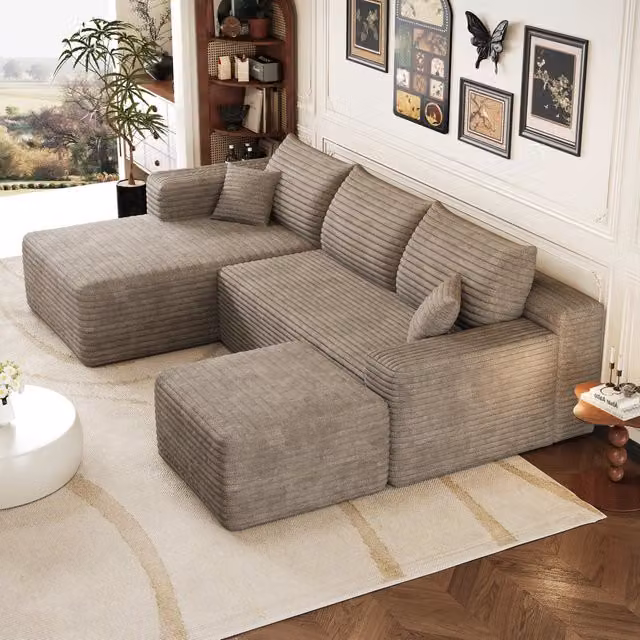 Divano angolare modulare 241x151x58 cm; divano effetto nuvola con seduta profonda; stile minimalista; consegnato montato; velluto a coste; cammello