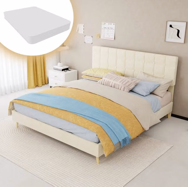 Letto matrimoniale 160x200 cm in tessuto e metallo beige con testiera, senza materasso