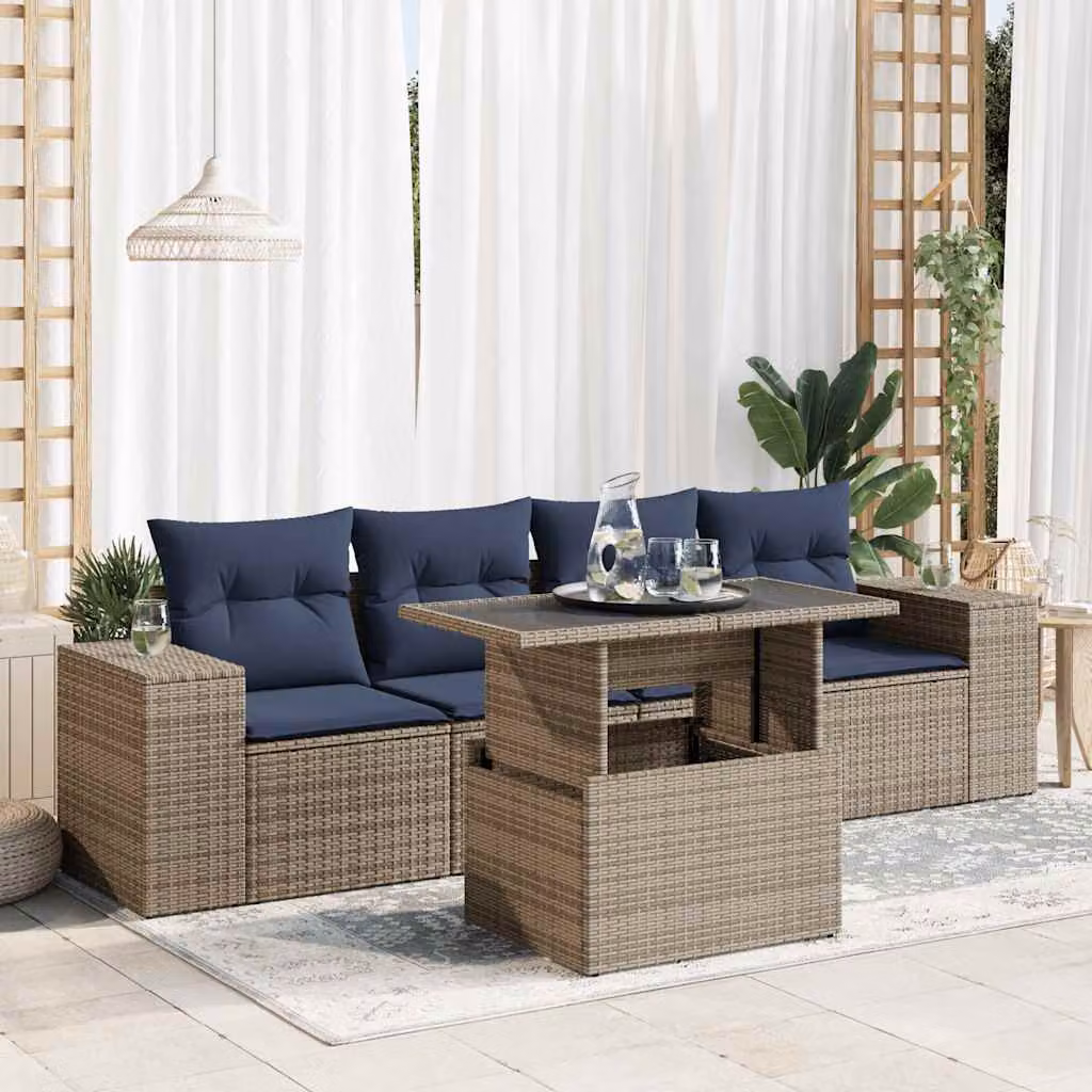 Set Divano da Giardino vidaXL 5 Pezzi in Polyrattan con Cuscini e Tavolino, Grigio e Blu con Struttura in Acacia e Metallo