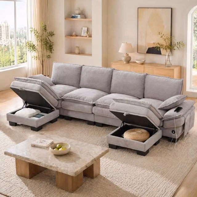 Divano panoramico modulare Mivray a 4 posti in velluto a coste grigio con pouf contenitore e ricarica USB-C