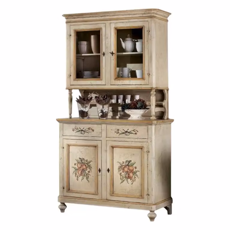 Cristalliera in stile country in legno laccata a mano con ante in vetro e serratura, Mobili 2G, L/P/H: 112 x 49 x 206 cm