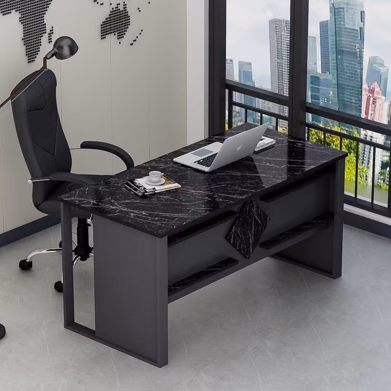 HOMIDEA BOSS: Scrivania moderna per casa o ufficio, dimensioni 150 x 72 x 75,6 cm, finitura effetto marmo antracite/nero