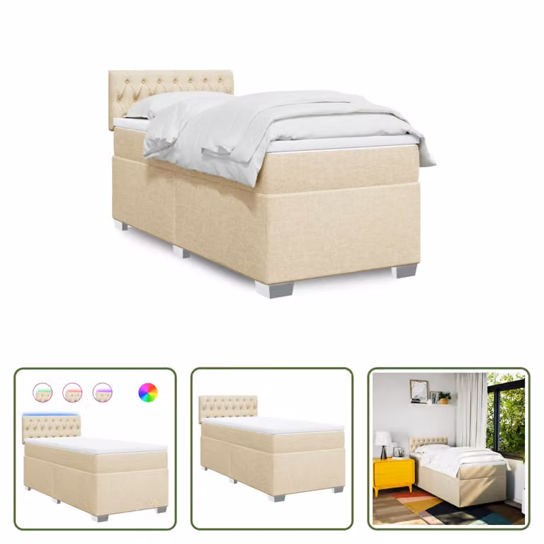 The Living Store Letto a molle con materasso crema 90x190 cm in tessuto