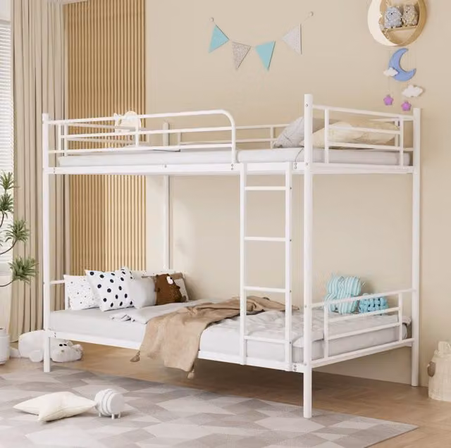 Letto a castello ULEVR 90x190 cm in acciaio bianco con scala e parapetto continuo