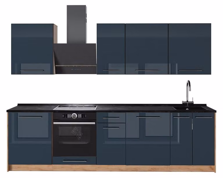 Cucina componibile Vicco Fame-Line Blu scuro lucido/Rovere dorato 280 cm, PL Antracite, Model 65739