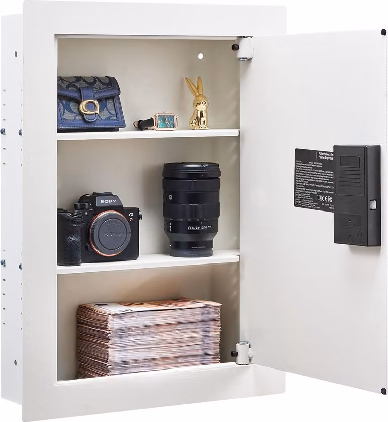 Cassaforte da parete/cassaforte a muro - Incasso/da incasso - Serratura elettronica a combinazione + chiave di emergenza - Struttura in acciaio - Ripiani regolabili - Fori di montaggio - Per oggetti di valore e documenti - Bianco