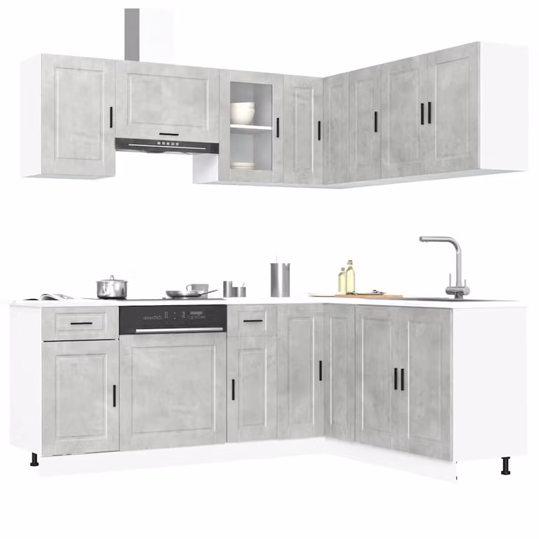 Set di mobili da cucina moderno vidaXL composto da 11 pezzi in colore grigio con finitura opaca e dettagli in vetro e legno
