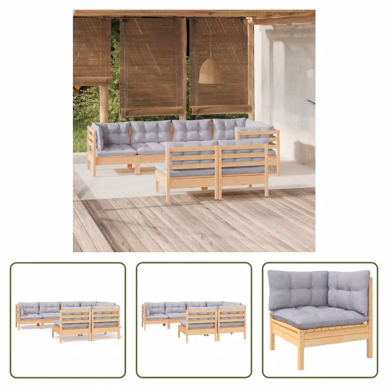 The Living Store Set da salotto da giardino 7 pezzi con cuscini grigi in legno di pino massiccio