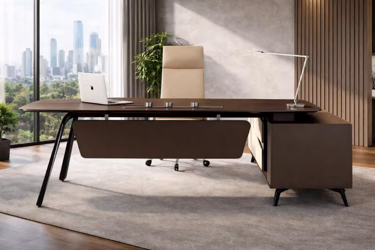 Elegante scrivania marrone, scrivania angolare di design, scrivania da dirigente