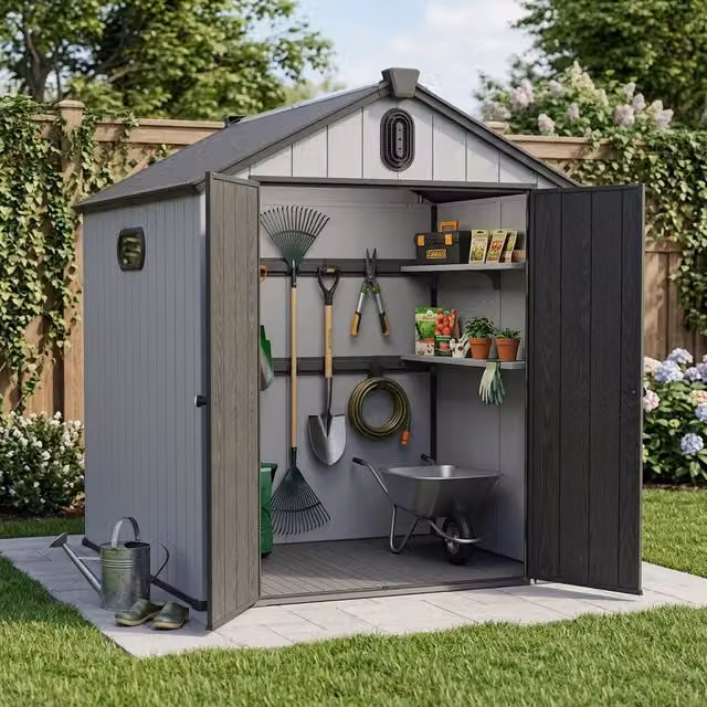Capannone da giardino in resina Minimal grigio e bianco con tetto a punta e grondaia, L: 244 cm, P: 187 cm, H: 221 cm – 1