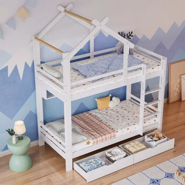 Letto a castello con cassetti - Xylo - 90x200 cm - Bianco - Scala rettangolare con 3 gradini e protezione