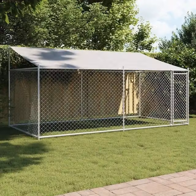 Gabbia per cani VIDAXL in acciaio zincato con tetto e porta, colore grigio, L/P/H: 4 x 2 x 2 m