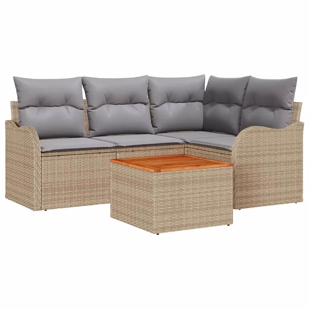 Set Divano da Giardino vidaXL 5 Pezzi a Forma di L con Tavolino, Polyrattan e Cuscini, Beige e Grigio – 2