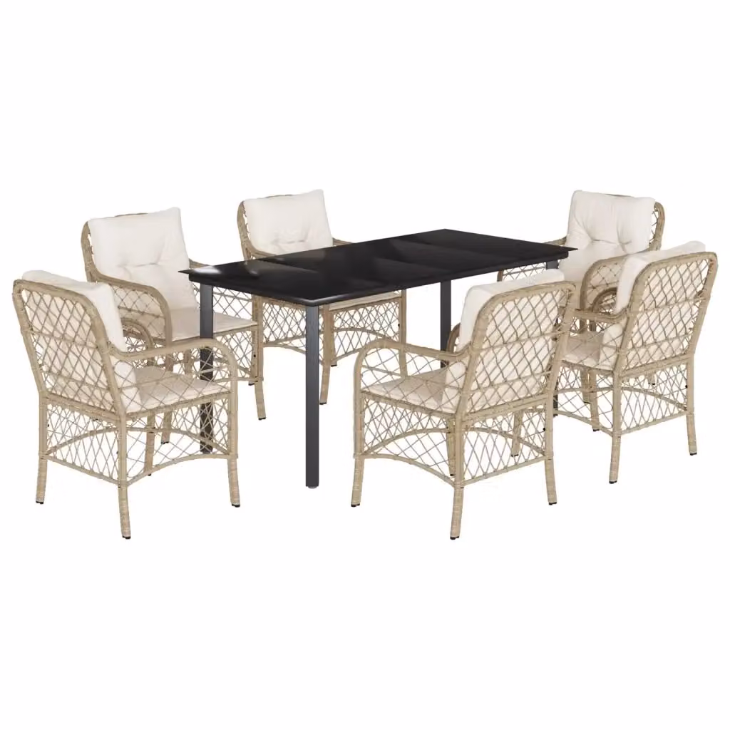Set da pranzo da giardino vidaXL in polyrattan con cuscini beige e piano in vetro, 7 pezzi – 2