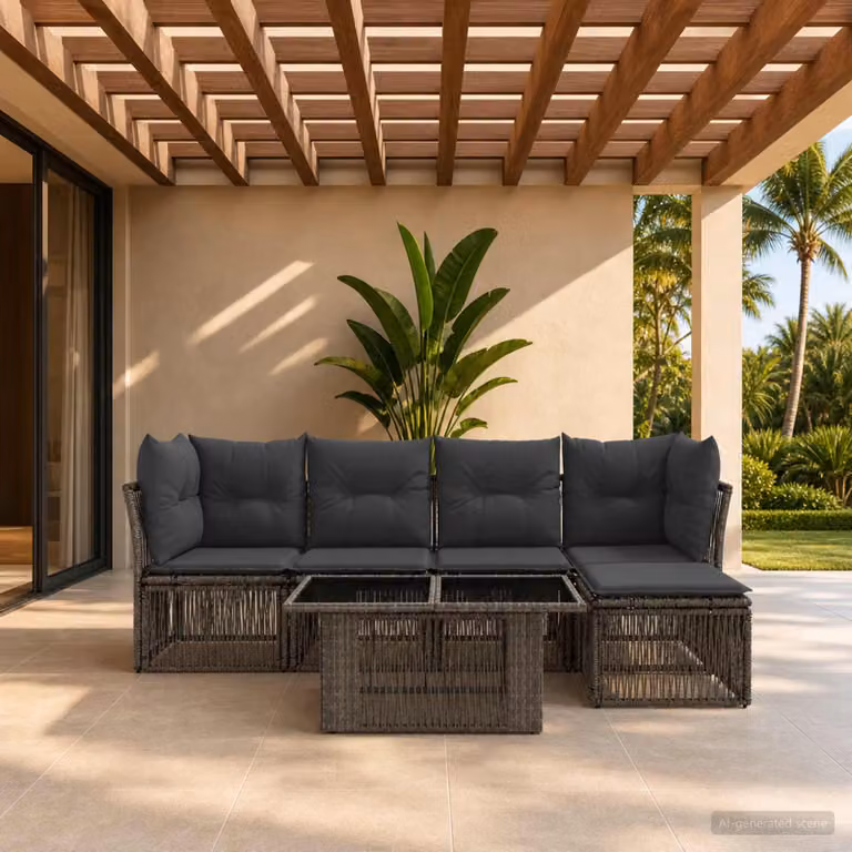 Set da giardino moderno vidaXL in polyrattan grigio composto da 6 pezzi con divano ad angolo, tavolino da caffè e pouf con cuscini inclusi