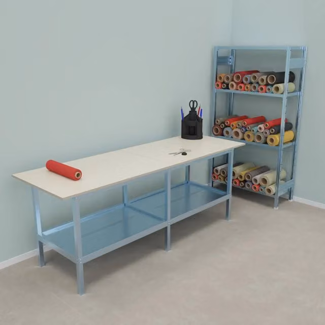 Banco da lavoro Castellani Shop in metallo e legno multicolore con accessori e piano inferiore metallico L: 240 cm, P: 80 cm, H: 93 cm