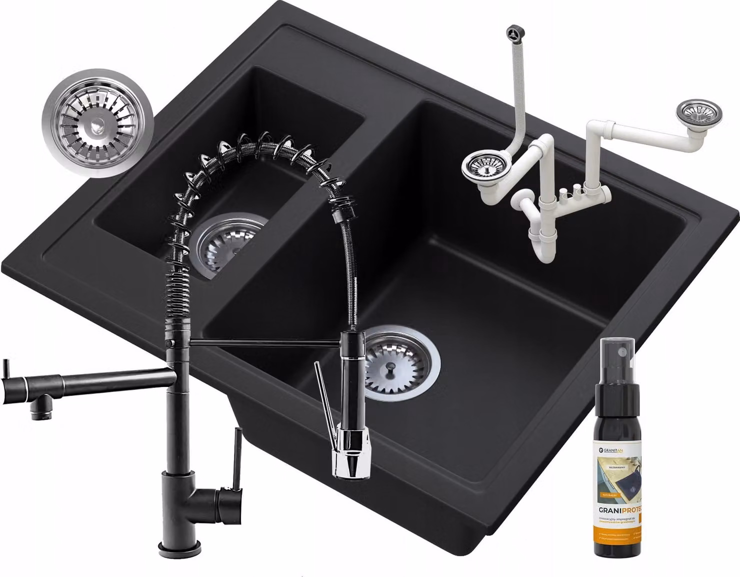 Granitan - Lavello in granito - Lavandino 60x50 cm - Lavello cucina nero - con miscelatore - KOS
