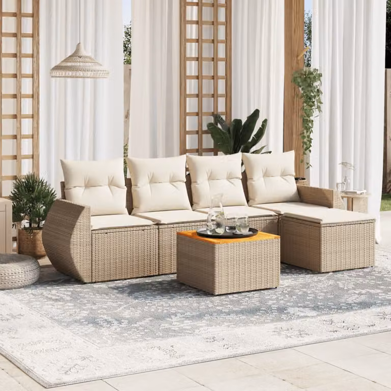 Set Divano da Giardino vidaXL 6 pz in Polyrattan Beige con Cuscini e Tavolino