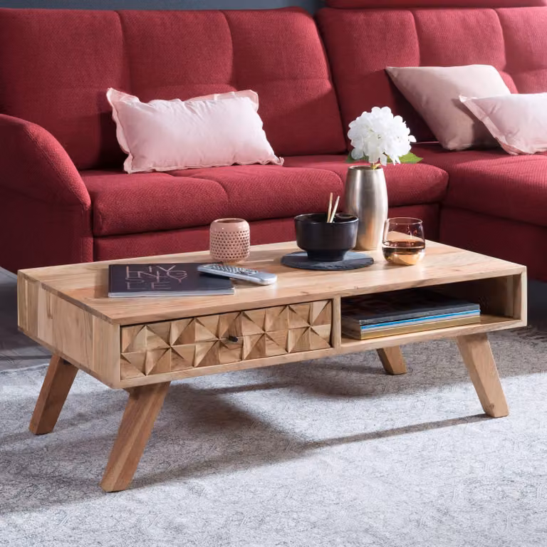 FineBuy Tavolino da caffè in legno massiccio di acacia 95cm - Tavolo da soggiorno con cassetto e ripiano Tavolo da divano fatto a mano con frontale 3D dal design moderno e retrò