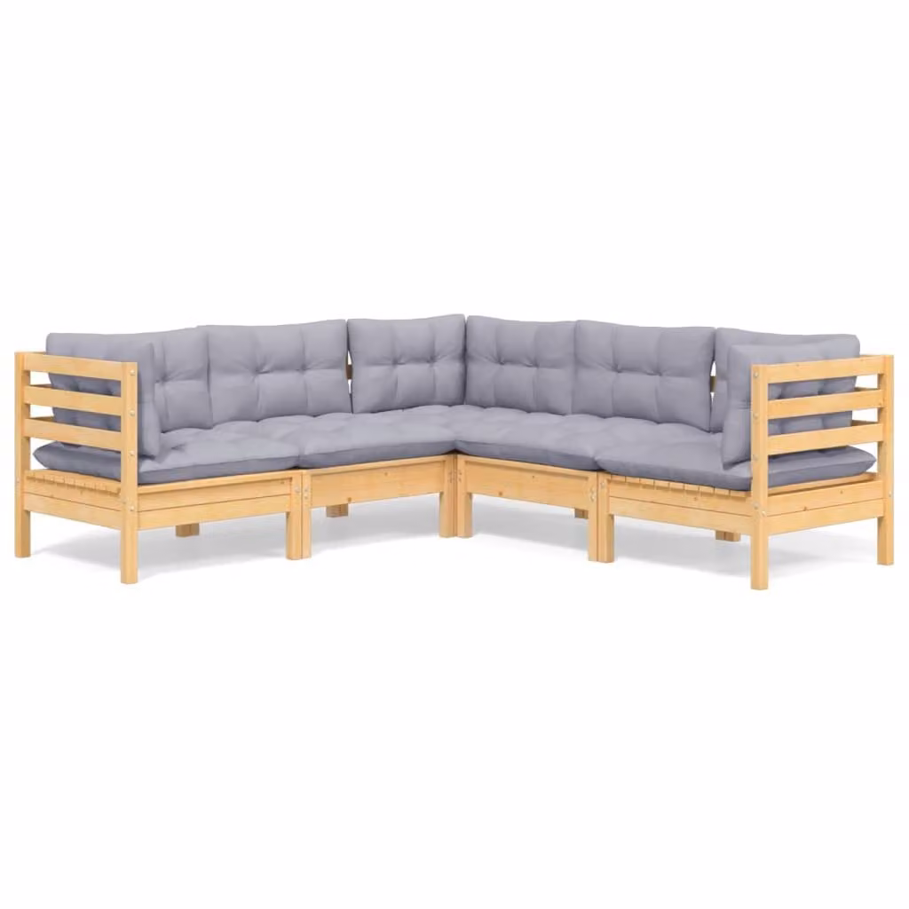 Set Divani da Giardino 5 pz con Cuscini Grigi Massello di Pino