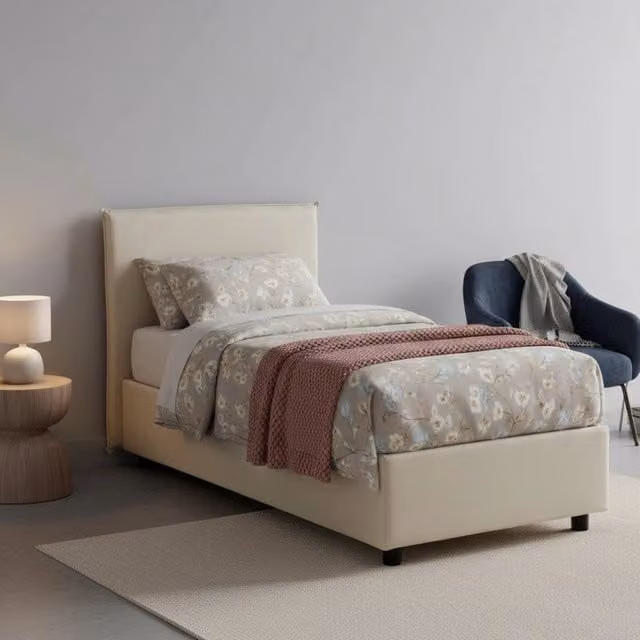 Letto singolo contenitore Astor Talamo Italia con materasso incluso, rivestimento in tessuto beige, apertura laterale – 1
