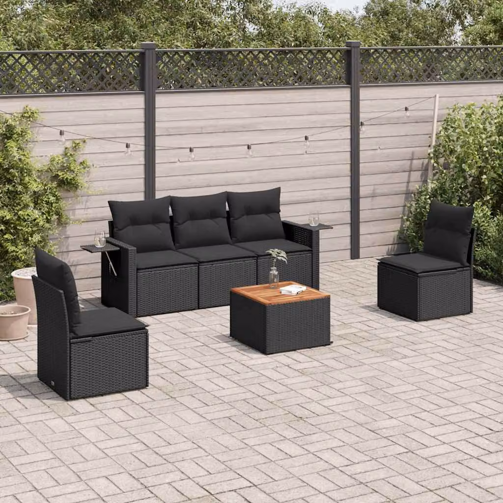 vidaXL Set Divano da Giardino 6 pz in Polyrattan Nero con Cuscini e Tavolino – 1