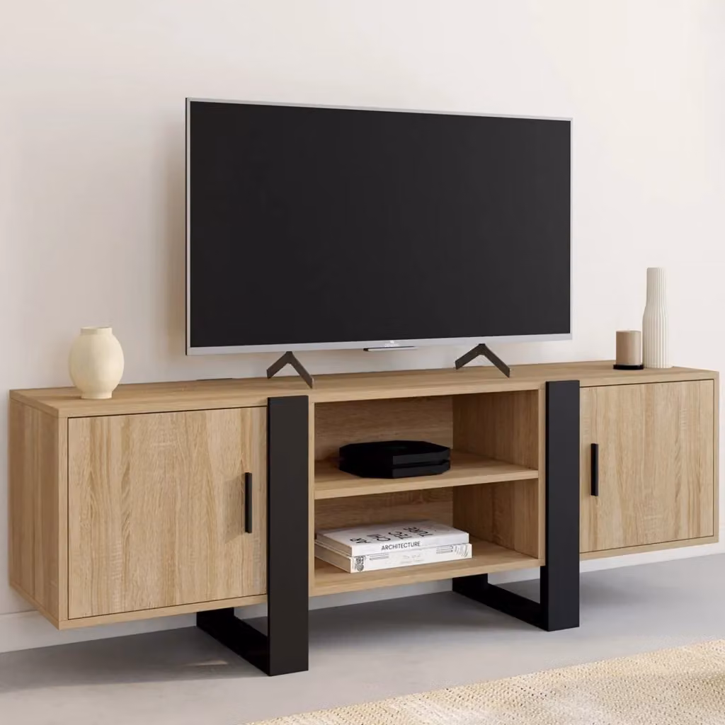 IDMarket Porta TV PHOENIX moderno con 2 ante in legno e nero L 140 x P 40 x H 50 cm – 2