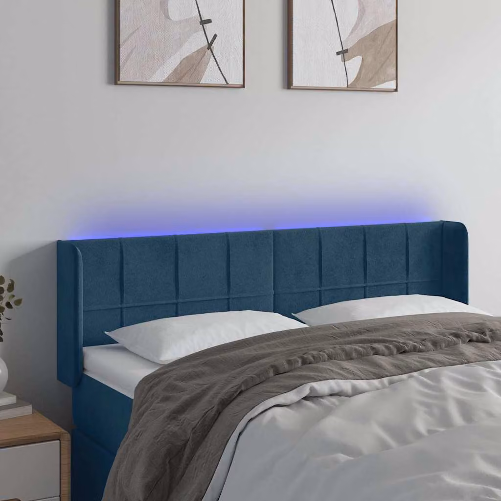 Testiera per letto vidaXL in velluto blu scuro con illuminazione LED e porta di ricarica USB, L 147 cm x P 16 cm x H 78/88 cm