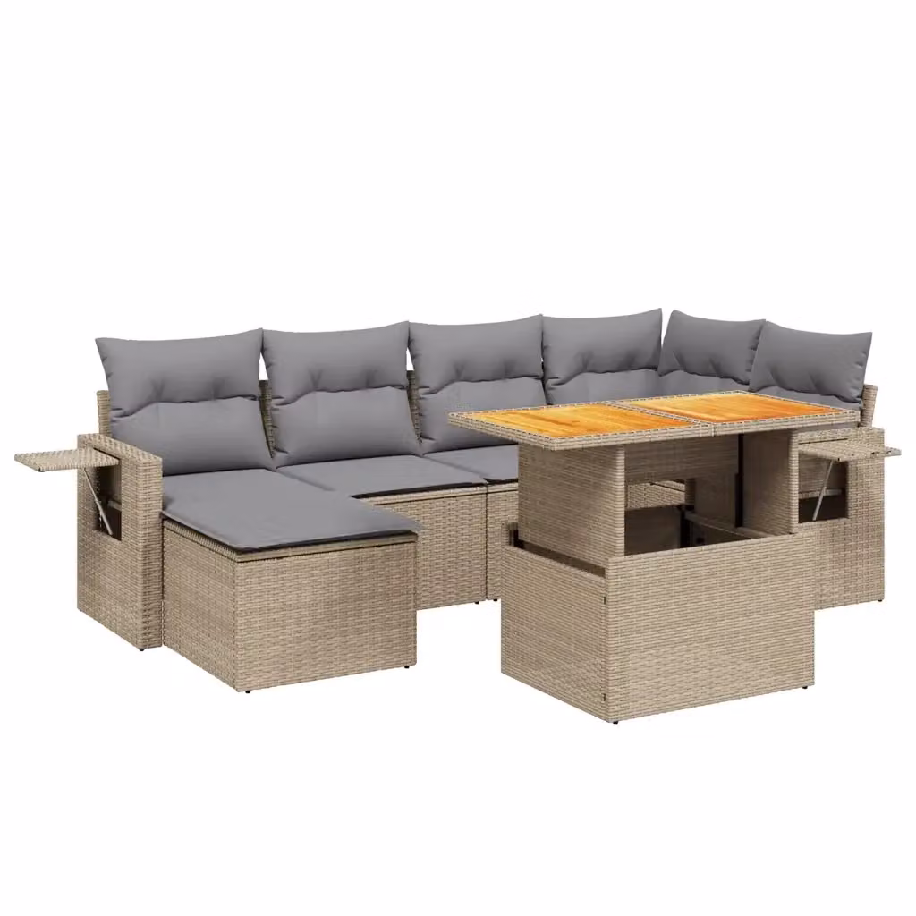 vidaXL Set Divani da Giardino 7 pz a L in Polyrattan con Cuscini Beige e Tavolino da Esterno – 2