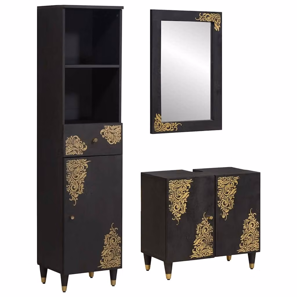 Set di 3 mobili da bagno vidaXL in legno di mango massello stile rustico, colore nero e oro, comprensivo di base lavabo, colonna e armadietto con specchio – 1