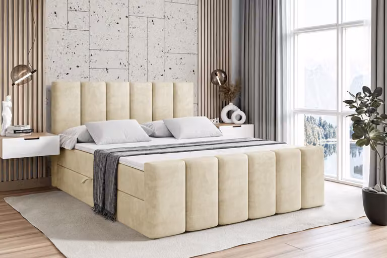 Letto boxspring ALTDECOR con pediera, materasso H3 e topper - 160x200 cm - BOXI1-Z - Velluto beige - Letto imbottito con contenitore e rete a doghe, letto con spazio contenitivo