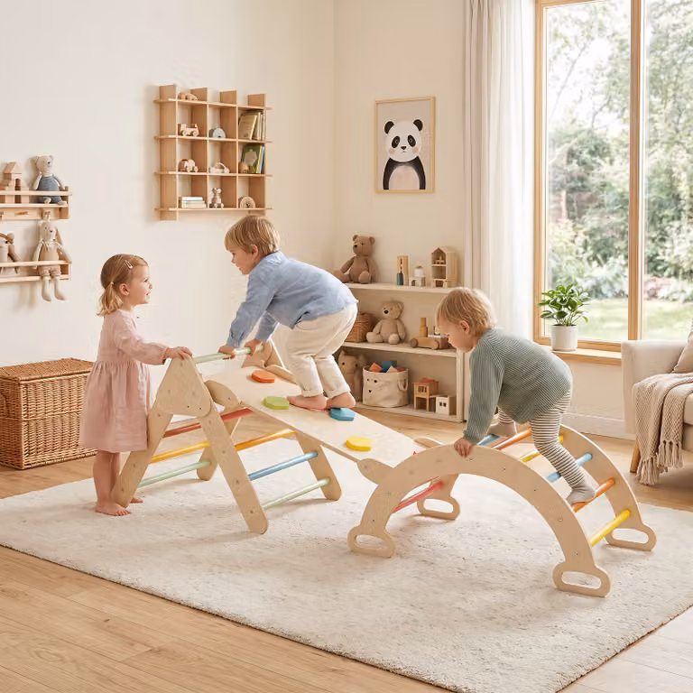 Set Montessori Costway in legno con scala a triangolo pieghevole e arco con cuscino rimovibile multicolore per bambini dai 12 mesi in su