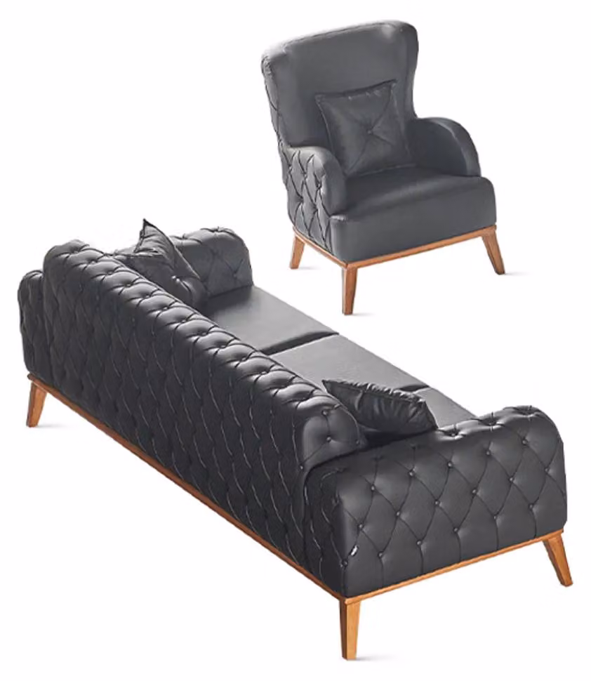 Schwarze Arbeitszimmer Sitzmöbel Designer Leder 3-Sitzer 1x Sessel 2tlg