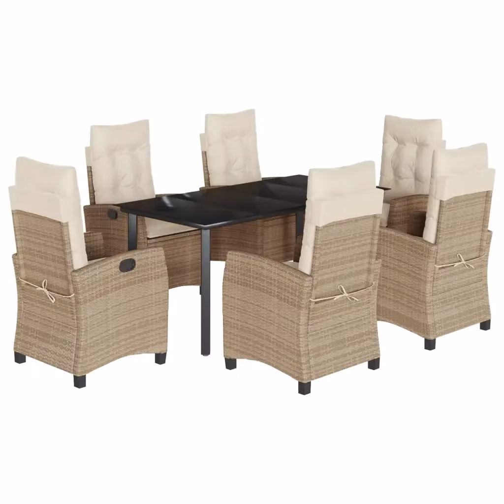Set da pranzo da giardino vidaXL in polyrattan con cuscini beige e tavolo in vetro, 7 pezzi – 2