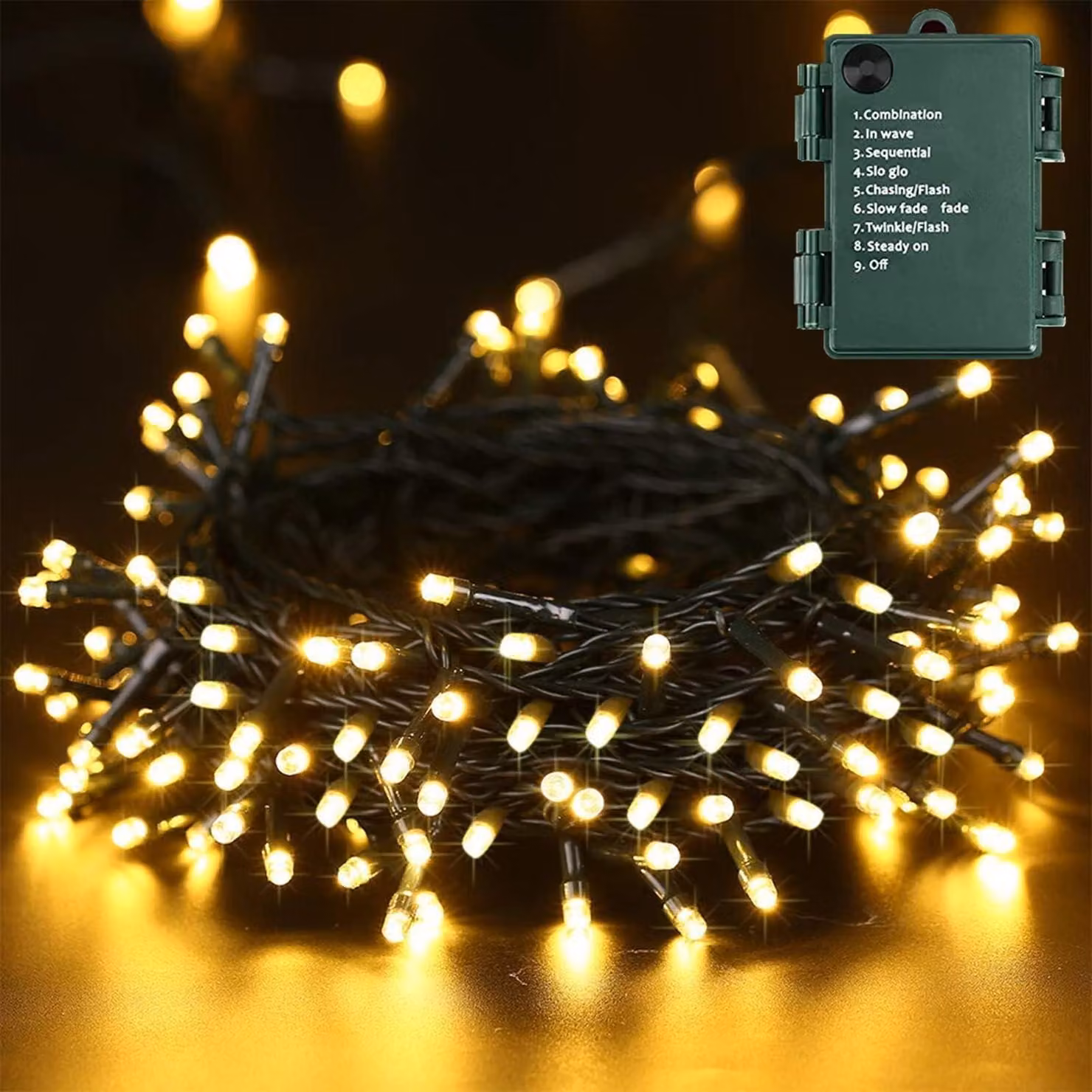 Catena luminosa da 20 metri, con 200 LED, luce bianco caldo, 8 modalità, impermeabile