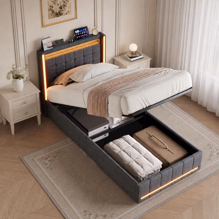 Letto imbottito 90x200 cm, letto singolo con LED e USB, letto con sistema idraulico e spazio contenitivo nella testiera, letto per ragazzi, struttura del letto con rete a doghe, lino, grigio