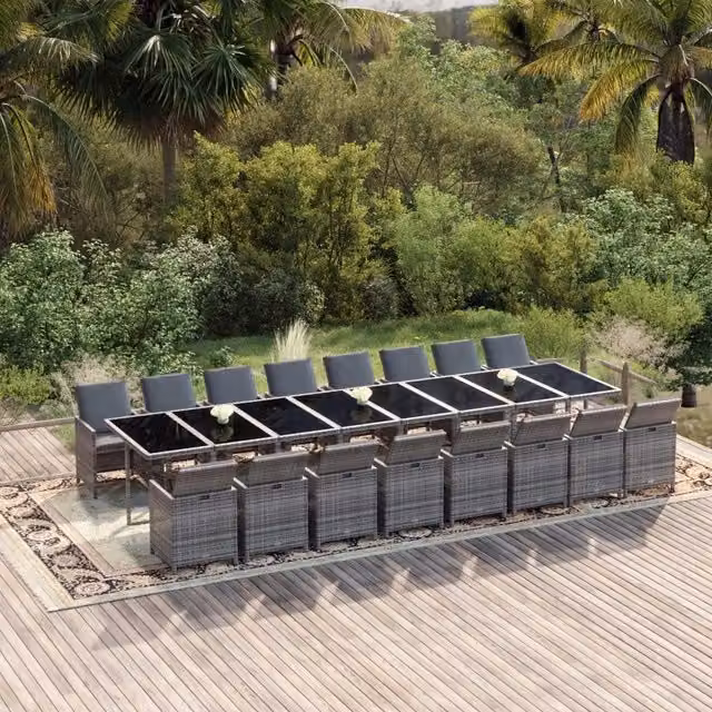 Set da pranzo da giardino vidaXL in polyrattan con cuscini grigi e tavolo in vetro nero