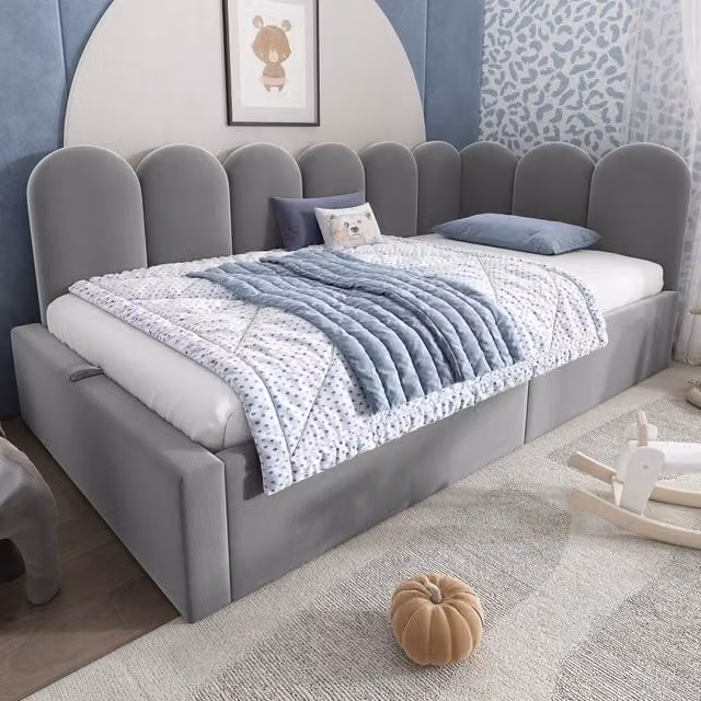 Letto contenitore Mivray rivestito in velluto grigio con rete a doghe e schienale imbottito L/P/H: 210 x 90 x 97 cm