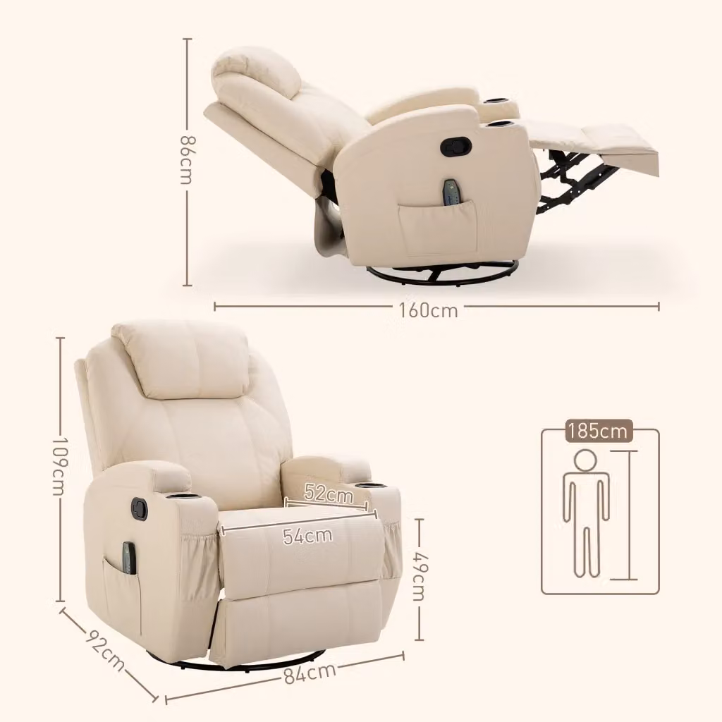 Poltrona relax reclinabile girevole MIVRAY in similpelle bianco crema con portabevande, L: 109 cm, P: 84 cm, H: 92 cm – 2
