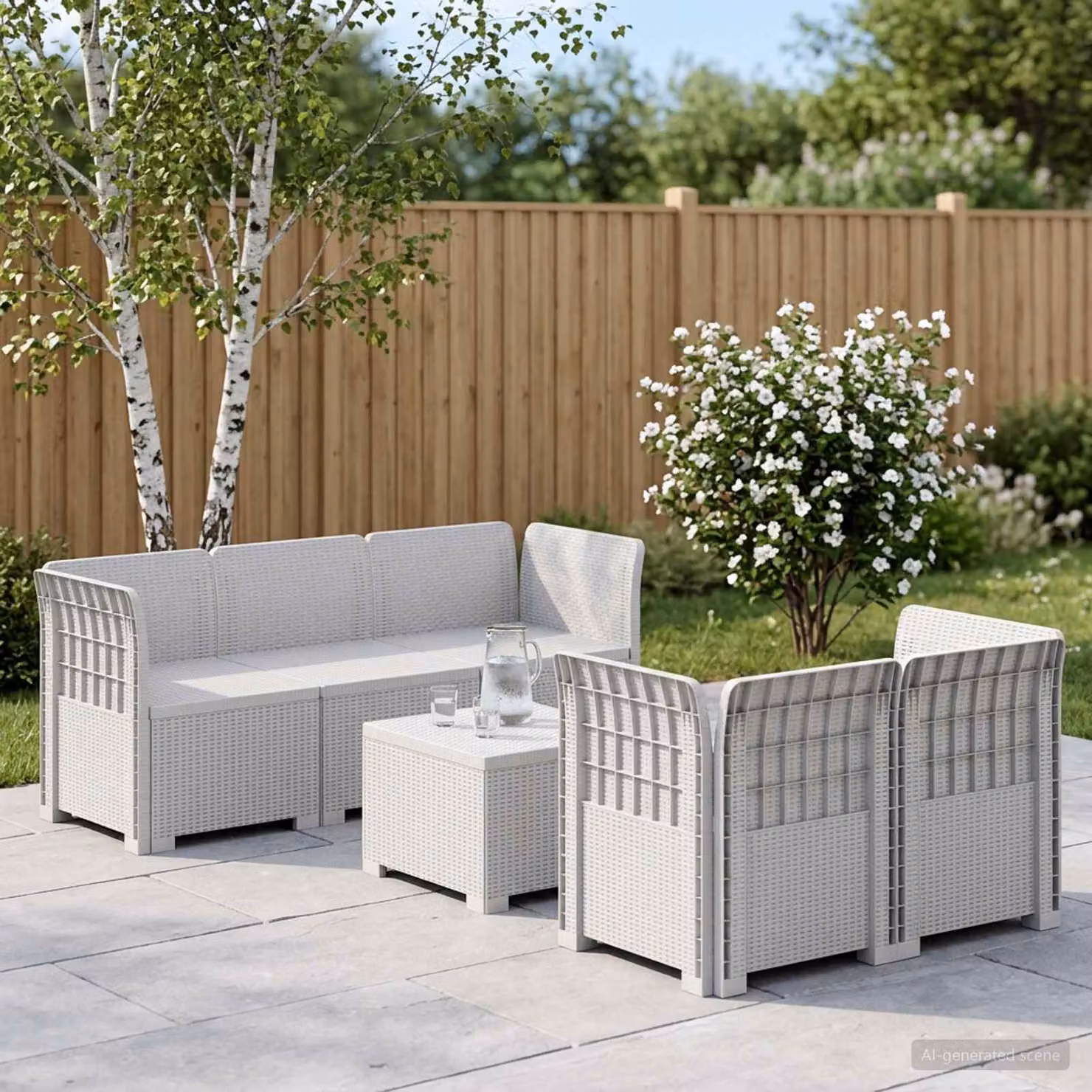Set da giardino vidaXL a forma di L con divano a 3 posti, poltrona e tavolino da caffè in polyrattan bianco con cuscini inclusi