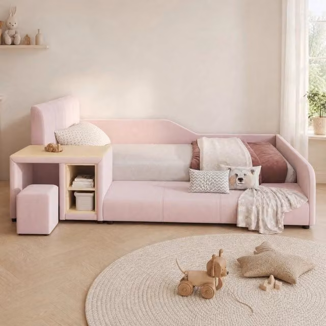 Letto singolo 90x200 cm rosa in velluto con scrivania e sgabello, senza materasso