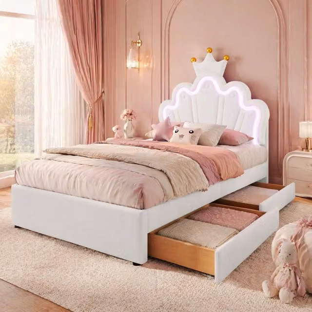 Letto Mivray con cassetti e testiera regolabile con illuminazione LED a 16 colori e telecomando, rivestito in similpelle bianco, L/P/H: 90 x 200 x 131 cm