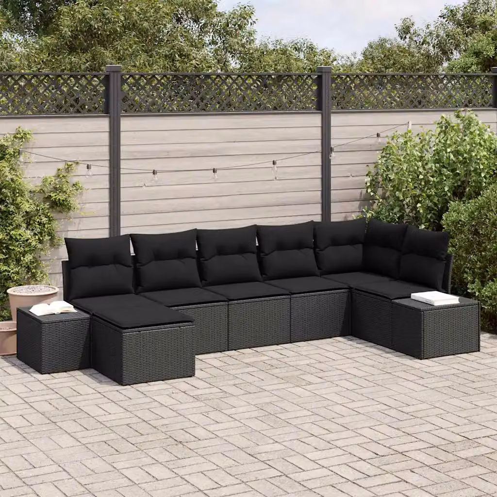 Set Divano da Giardino vidaXL a L con 7 Pezzi in Polyrattan e Cuscini, Nero – 1