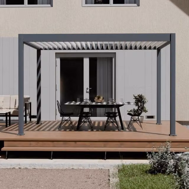 Pergola bioclimatica motorizzata autoportante Ombrea ELMO L: 400 cm, P: 300 cm, Colore Antracite e Bianco