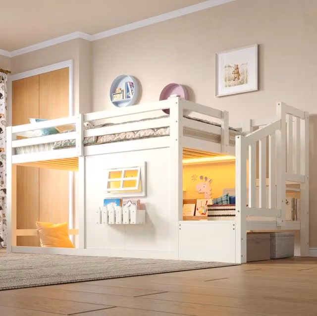 Letto a castello in legno di pino 90x200 cm con finestra, scala contenitore e illuminazione LED, senza materasso, bianco